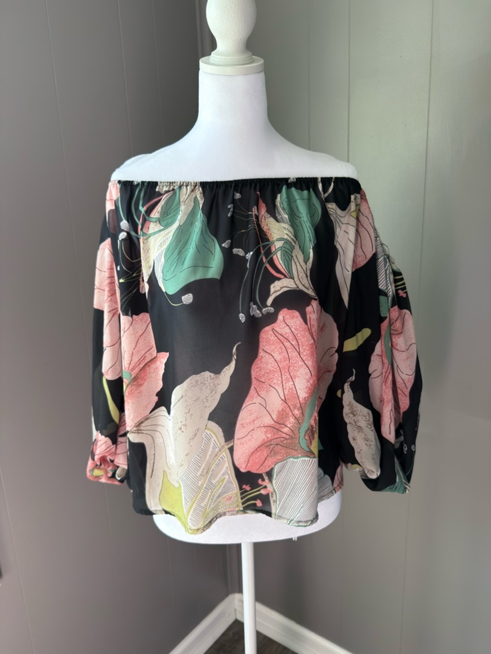 entro Black Off-Shoulder Floral Blouse with Pink and Green Accents